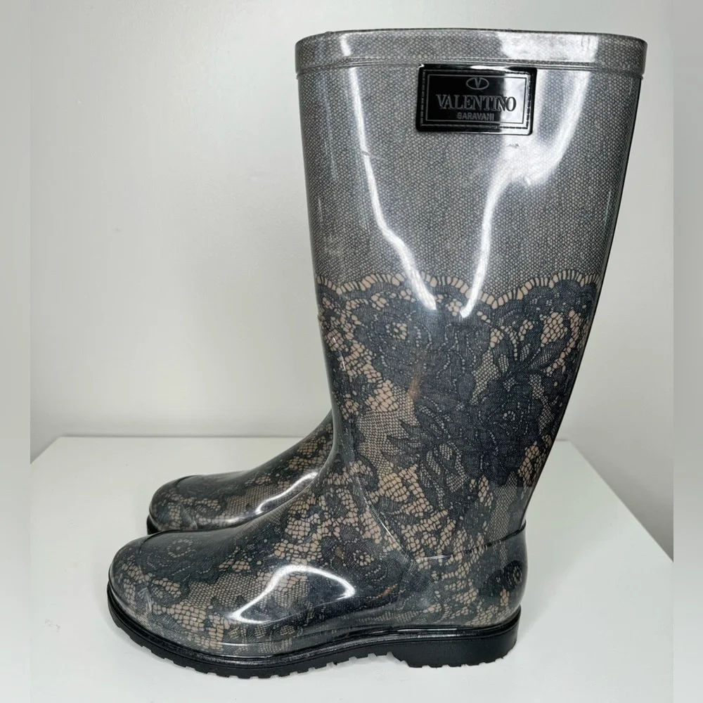Valentino Garavani Blue Blush Lace Printed Rain Boots - Luxury and Elegance